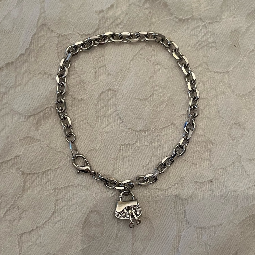 Silver Tone Chain Bracelet with Sparkling Crystal Purse Handbag Charm
